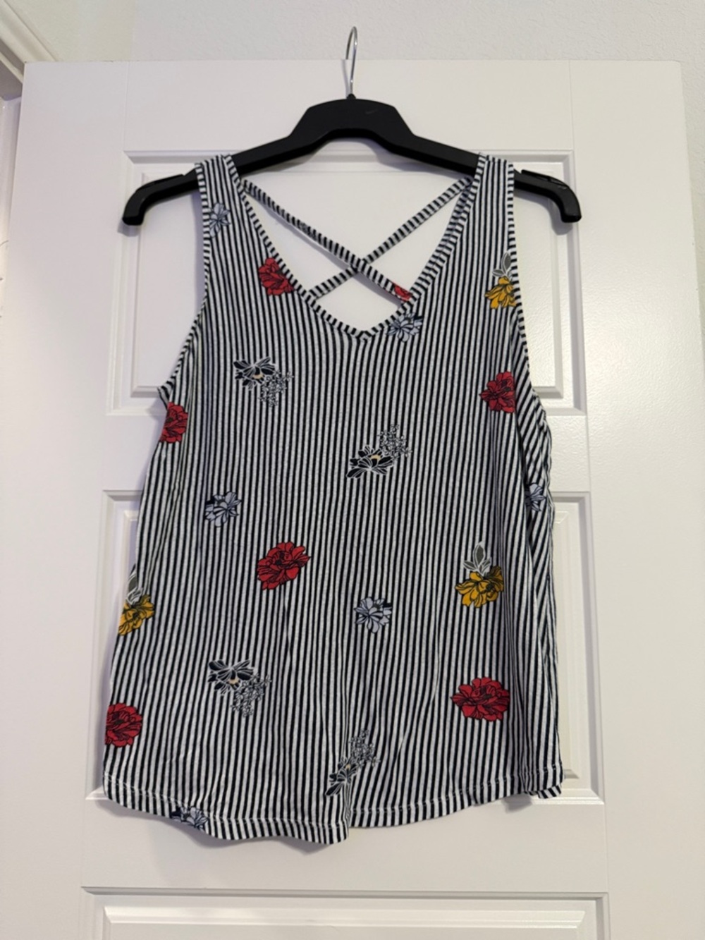 LOFT Black & White Striped Tank with Red & Yellow Floral Accents